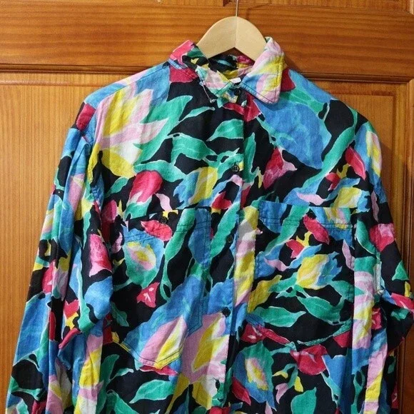 Vintage Beached Crazy Bright Funky Tropical Bold Floral Button Down Shirt LG - Picture 5 of 12